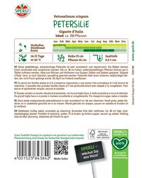 Petersilie, große grüne Blätter, wächst ganzjährig, 40 cm hoch, für Würzen, Salate, Suppen geeignet, März bis Oktober.