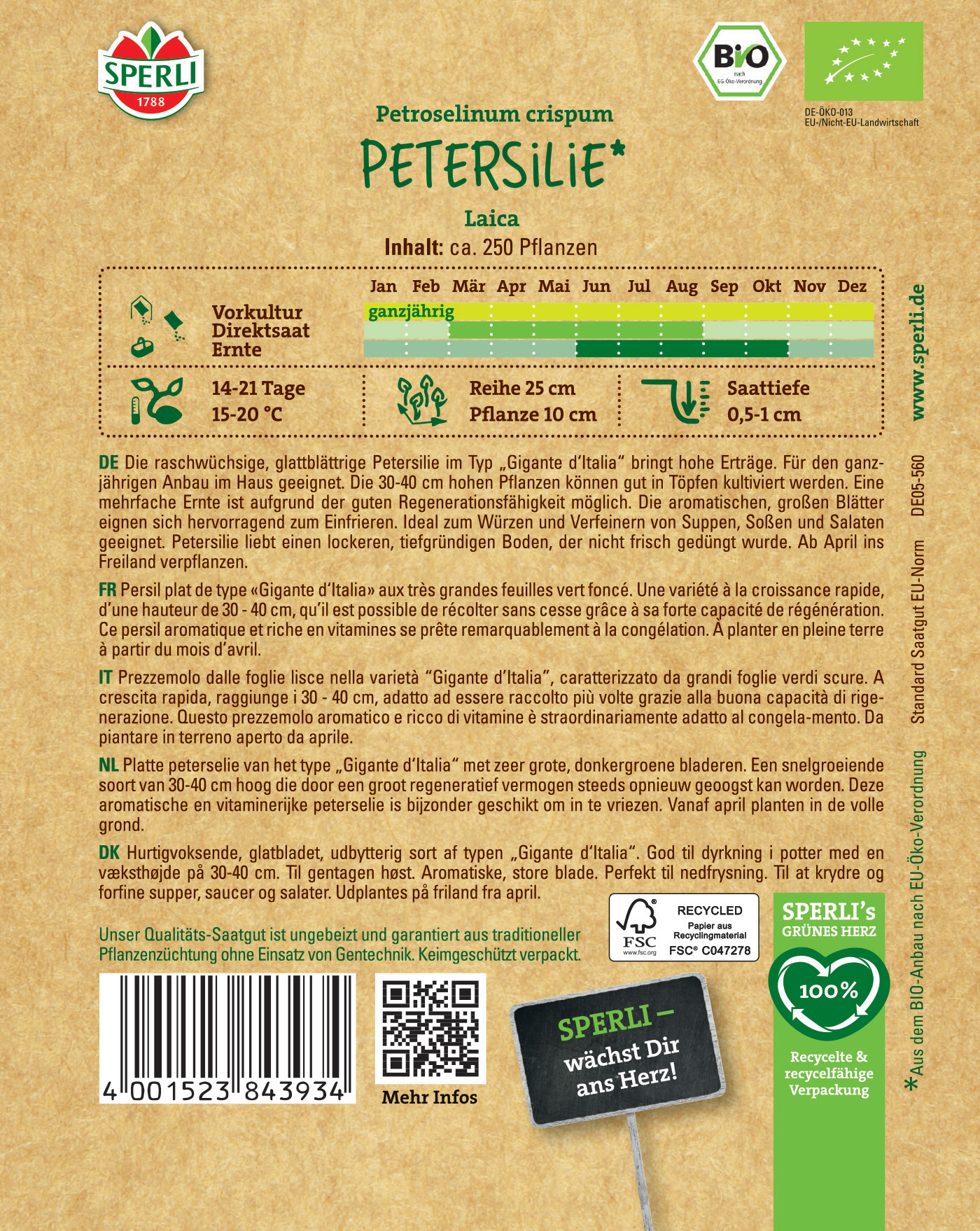 Petersilie im Samentütchen mit Anbauhinweisen und Details auf braunem Hintergrund.