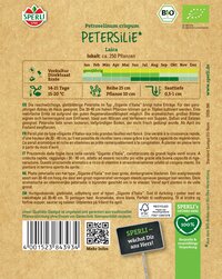Petersilie im Samentütchen mit Anbauhinweisen und Details auf braunem Hintergrund.