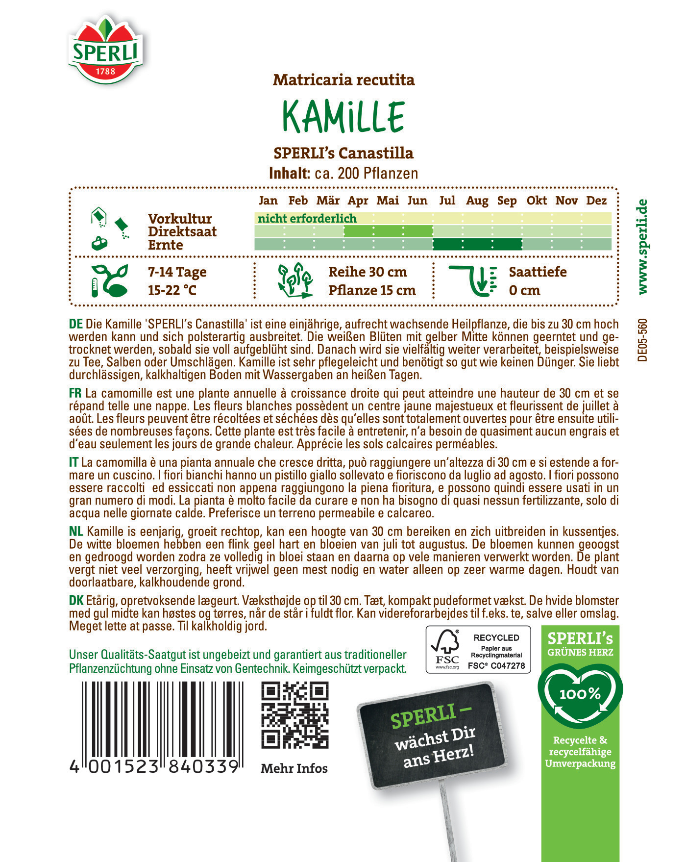 Samentüte für Kamille mit ca. 200 Pflanzen, enthält Informationen auf Deutsch, Französisch, Italienisch und Niederländisch.