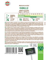 Samentüte für Kamille mit ca. 200 Pflanzen, enthält Informationen auf Deutsch, Französisch, Italienisch und Niederländisch.