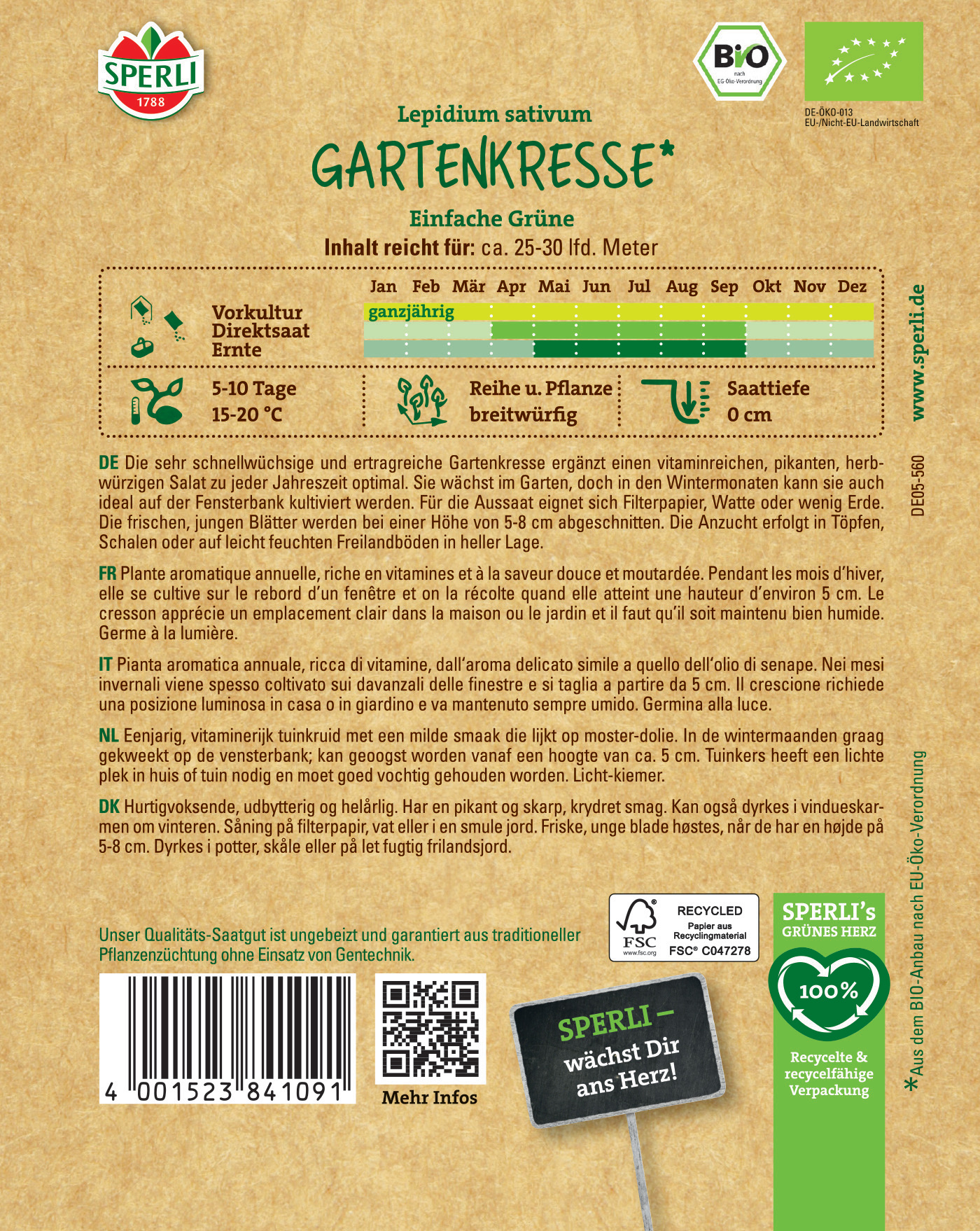 Paket mit Gartenkresse auf braunem Hintergrund, Grünes und weißes Logo, QR-Code, Barcode, Text in mehreren Sprachen