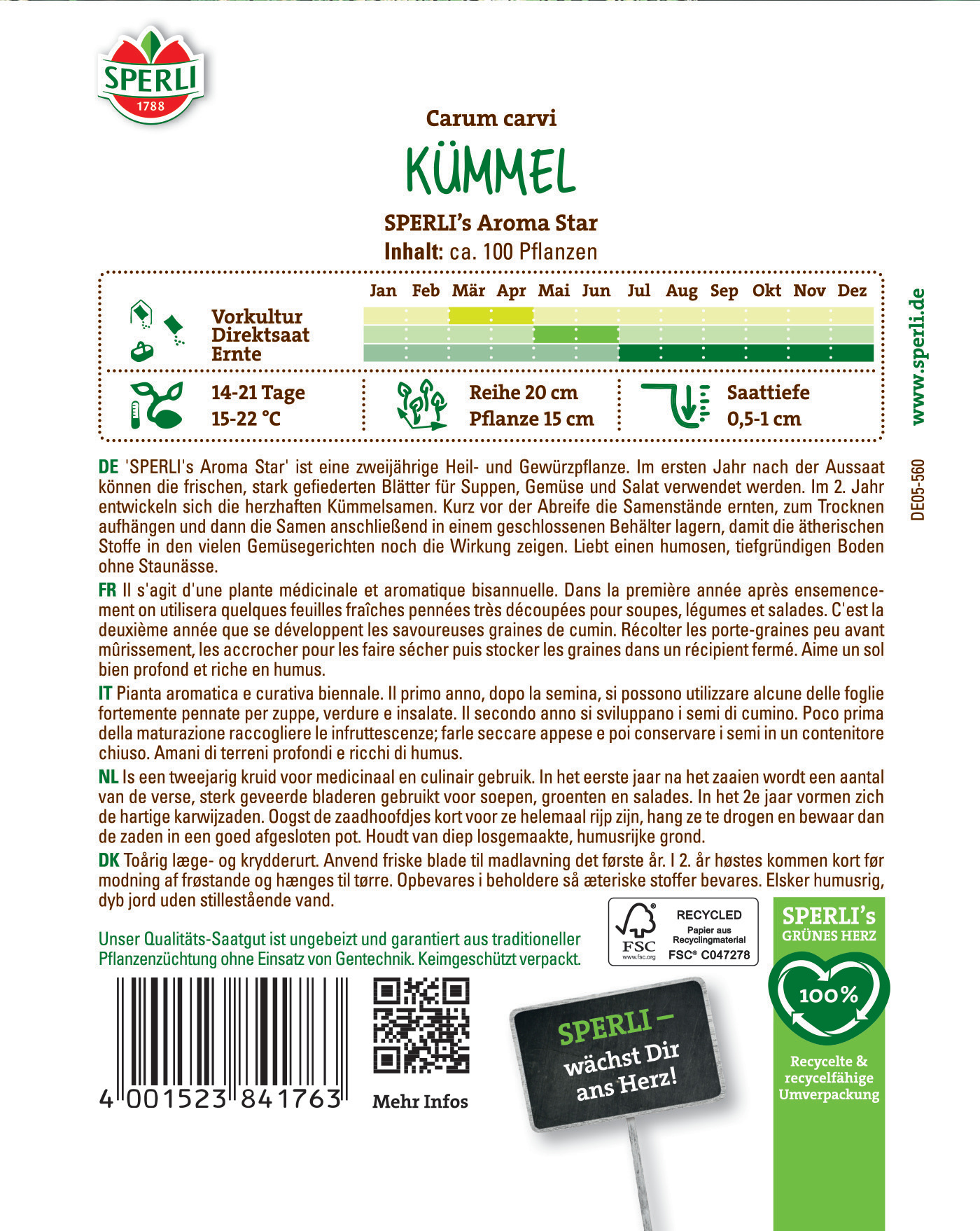 Bunte Samenpackung mit Kräutern und bunten Blumen, grüner und weißer Hintergrund, Logo und Text.