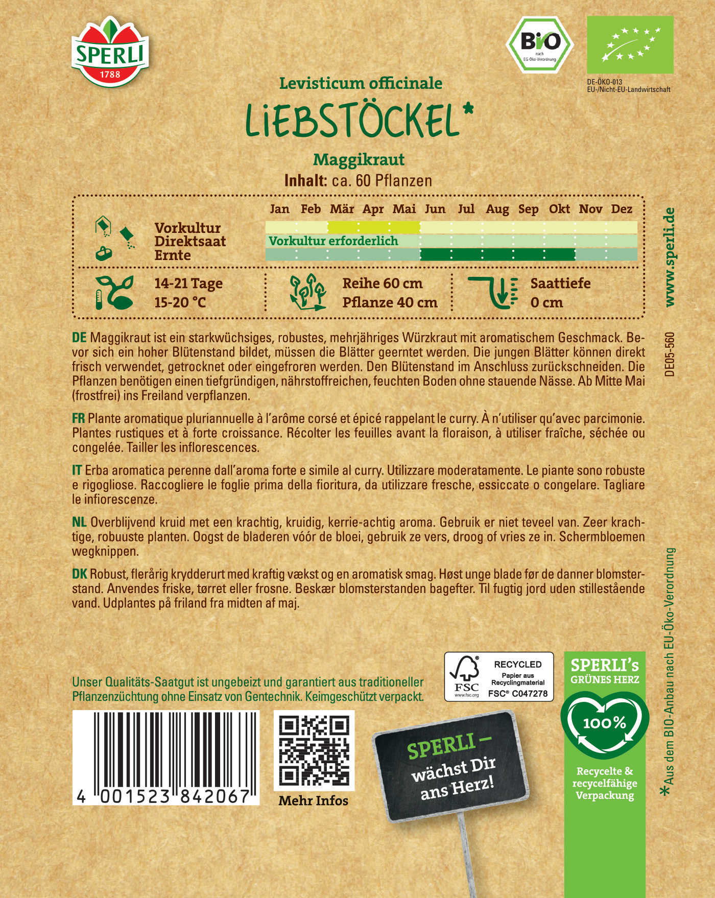 Verpackungsrückseite mit Pflanzhinweisen, Anbauinformationen und Logo, grüner Balken, QR-Code, Barcode und FSC-Siegel.