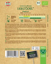Verpackungsrückseite mit Pflanzhinweisen, Anbauinformationen und Logo, grüner Balken, QR-Code, Barcode und FSC-Siegel.
