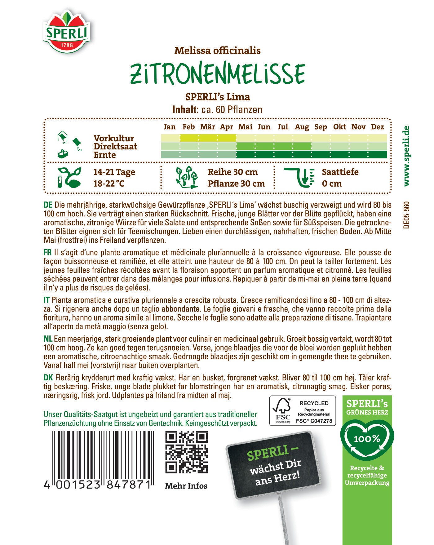 Pflanzenname Zitronenmelisse mit Lager- und Wachstumsinformationen auf der Verpackung.