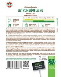 Pflanzenname Zitronenmelisse mit Lager- und Wachstumsinformationen auf der Verpackung.