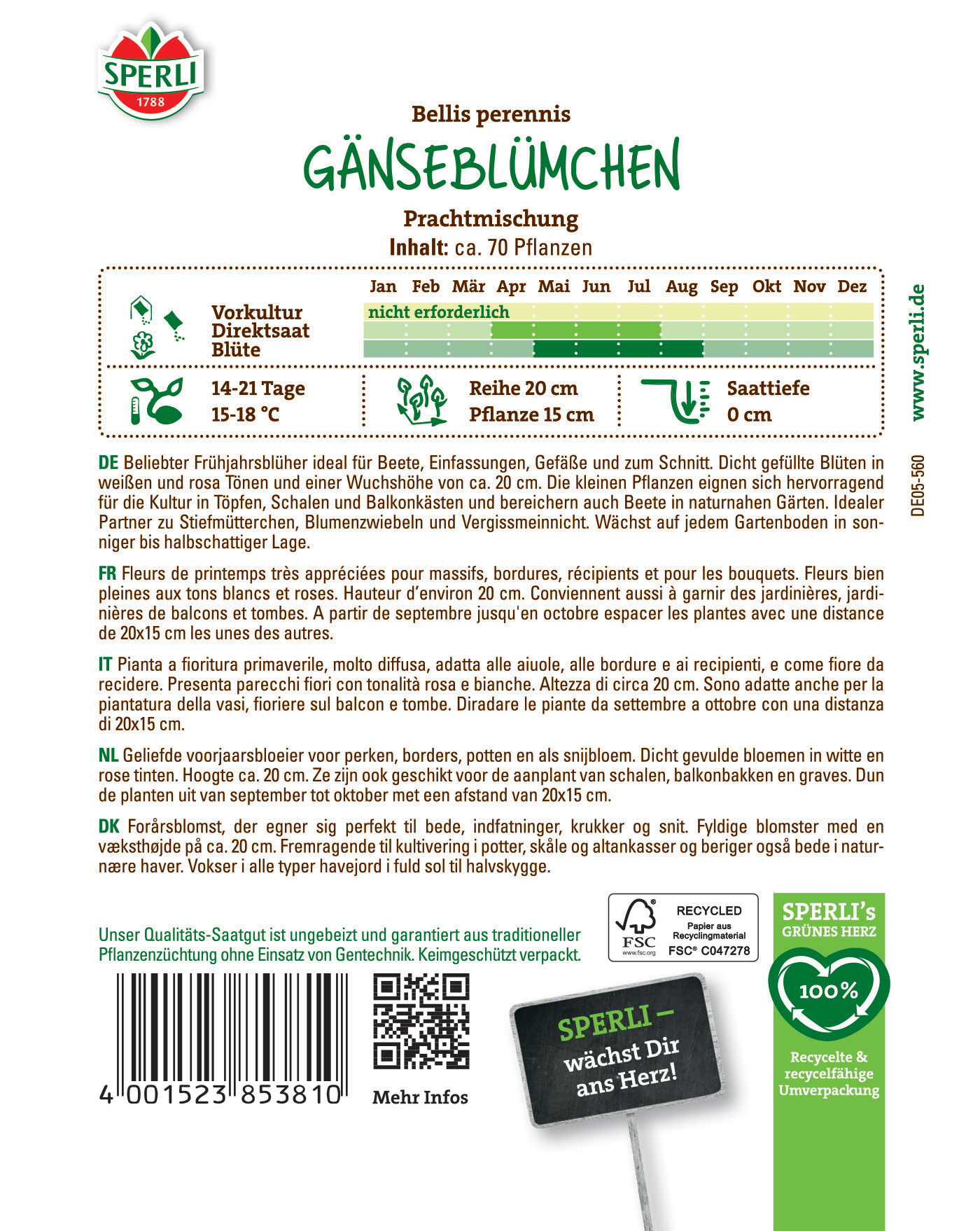 Blick auf die Rückseite eines Saatgutpakets mit Text, QR-Code, Barcode und Logos, Informationen zu Gänseblümchen.