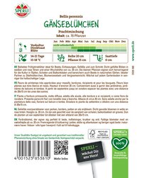 Blick auf die Rückseite eines Saatgutpakets mit Text, QR-Code, Barcode und Logos, Informationen zu Gänseblümchen.