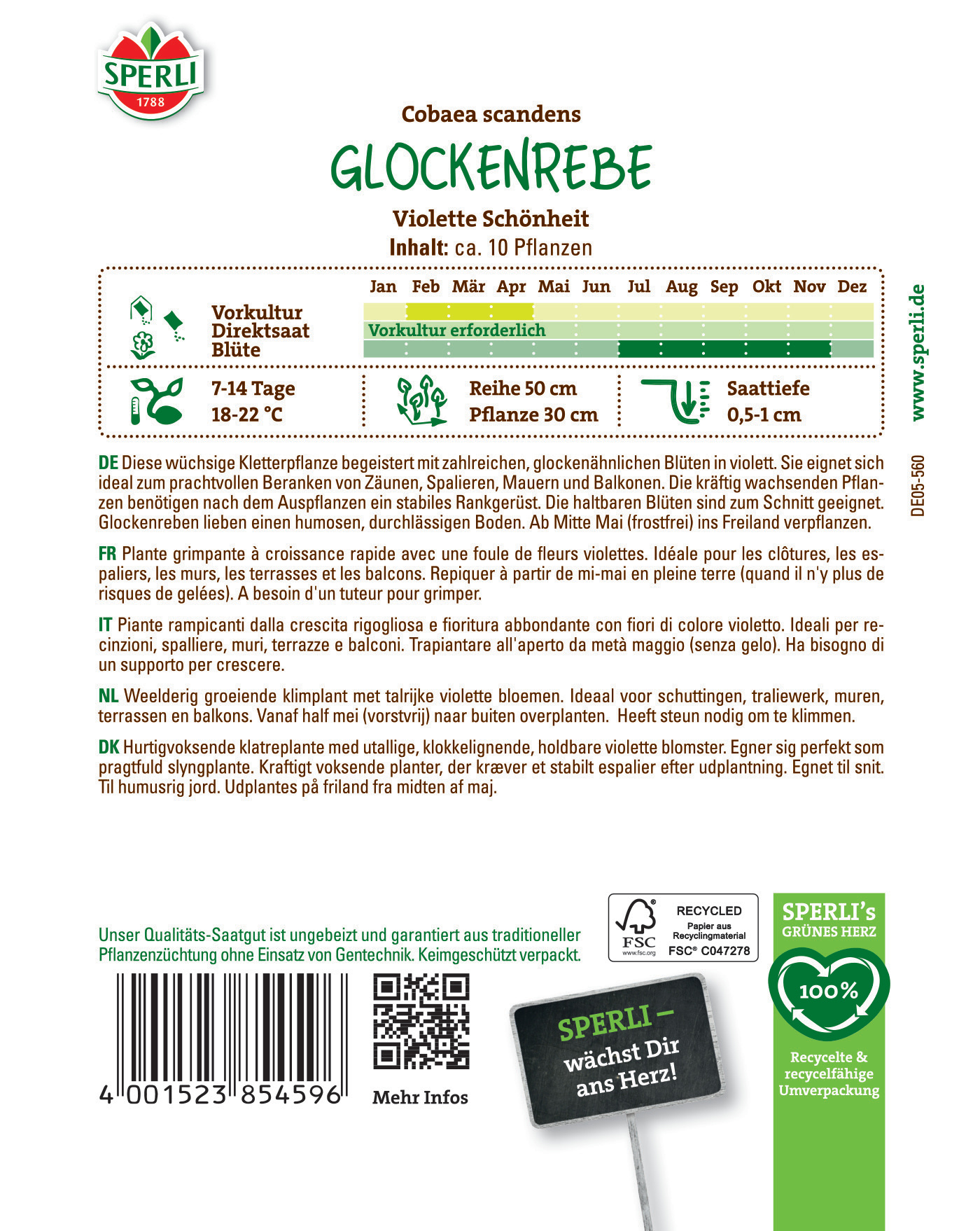 Ilustration einer Glockenrebe Pflanze mit grünem Logo und Beschreibung auf Packungsrückseite.
