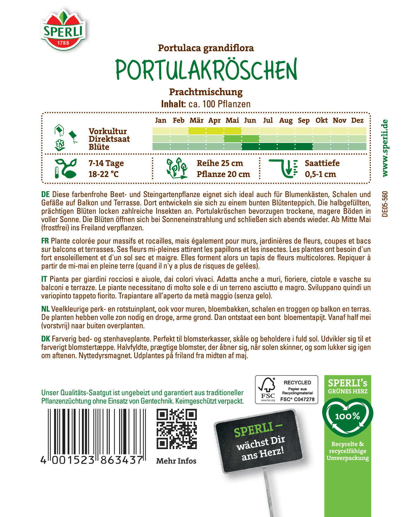 Bunte Portulakröschchen mit Blumen, 100 Pflanzen, Angaben zu Kultur, Temperatur und Standort.