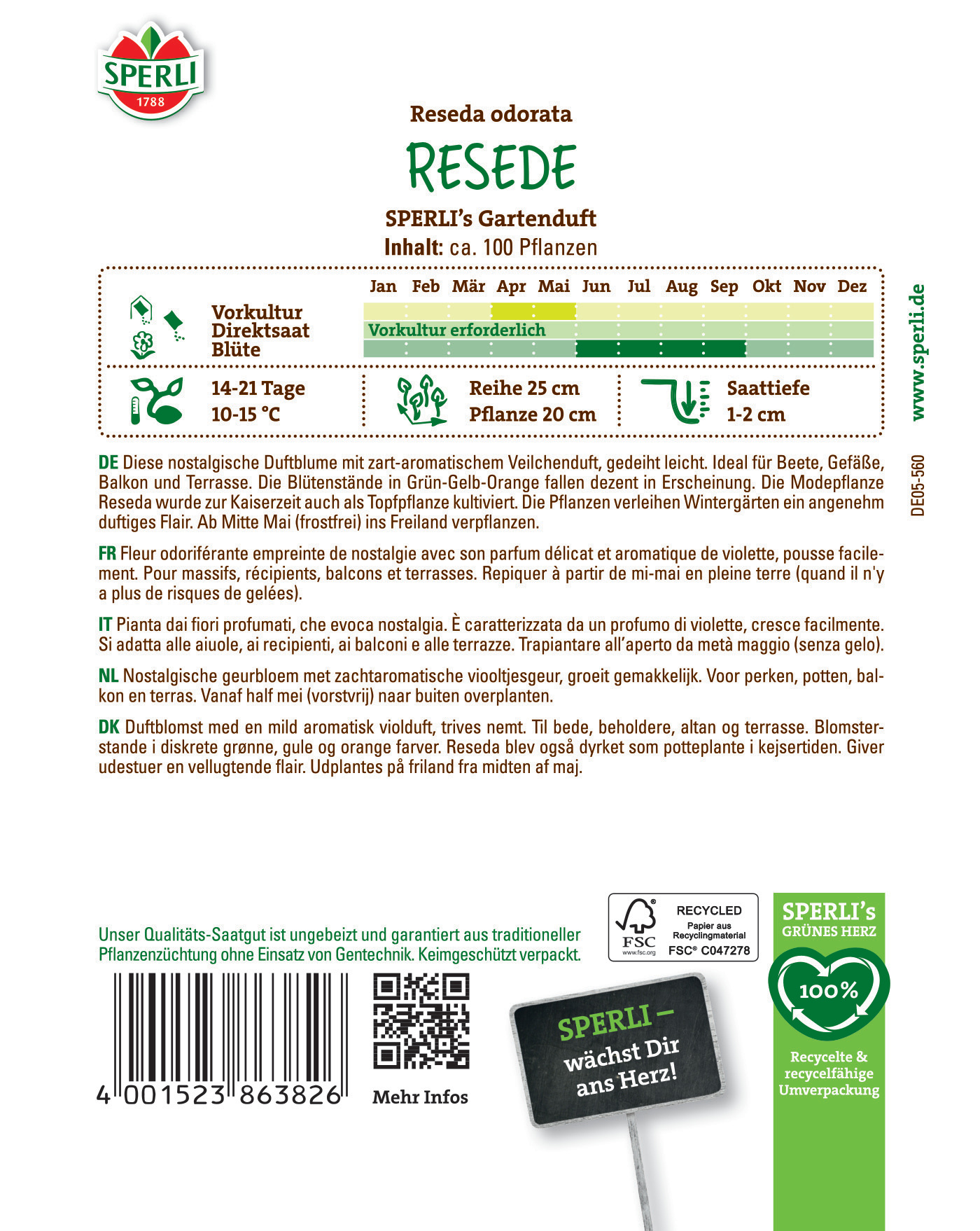 Kleines Rezept für duftende Reseda- Pflanzen, blüht von Mai bis Oktober, braucht 10-15 °C, 14-21 Tage Keimzeit.