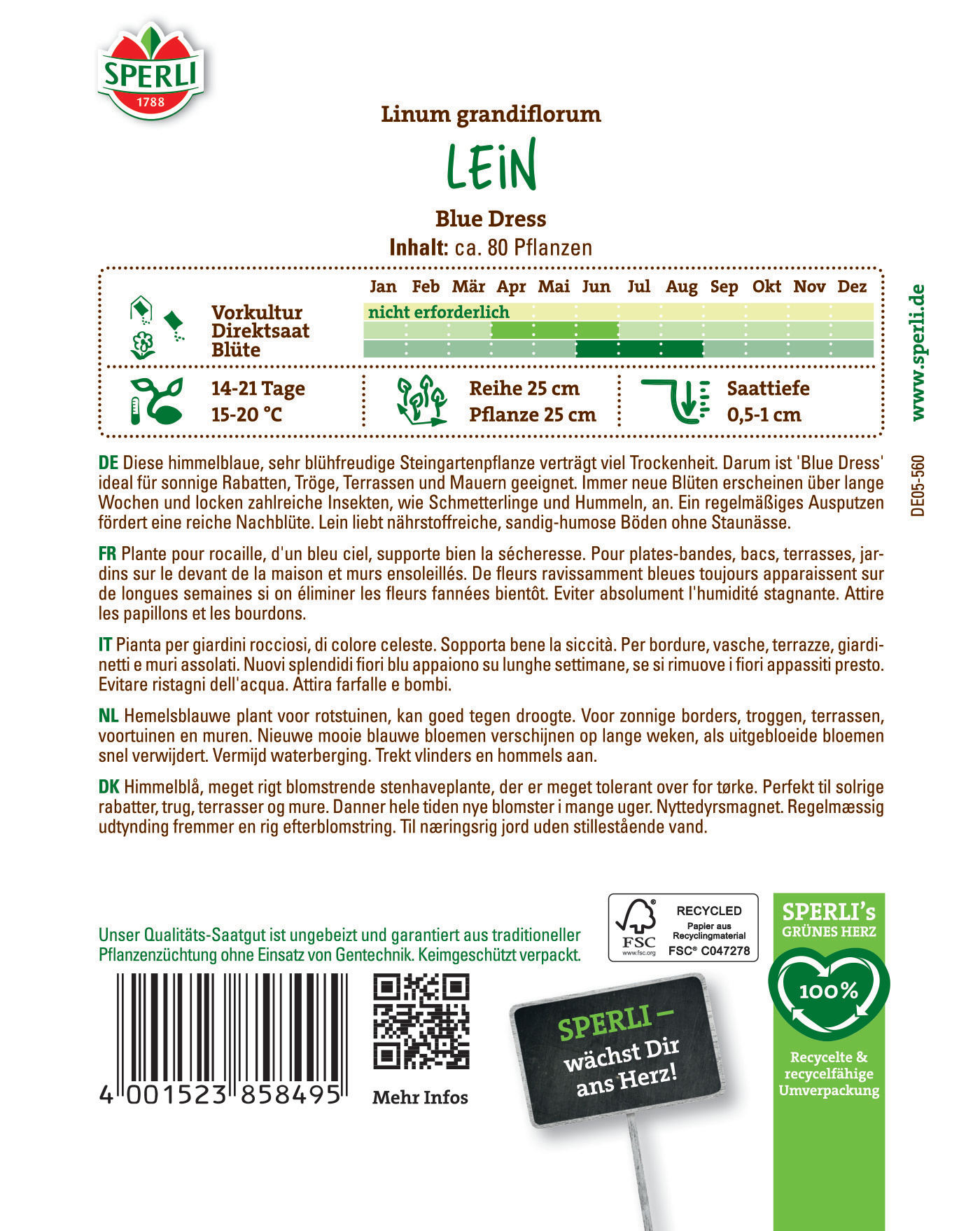 Blaue Lein-Saatgutkarte mit Text in mehreren Sprachen, Barcode, QR-Code, FSC-Logo und grünen Icons.