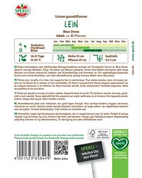 Blaue Lein-Saatgutkarte mit Text in mehreren Sprachen, Barcode, QR-Code, FSC-Logo und grünen Icons.