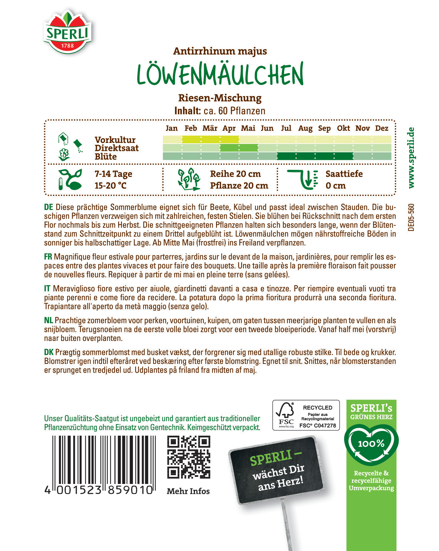 Samentüte mit Löwenmühlchen, enthält ca. 60 Pflanzen, verfügbar von Mai bis Oktober, Wuchshöhe bis 20 cm.