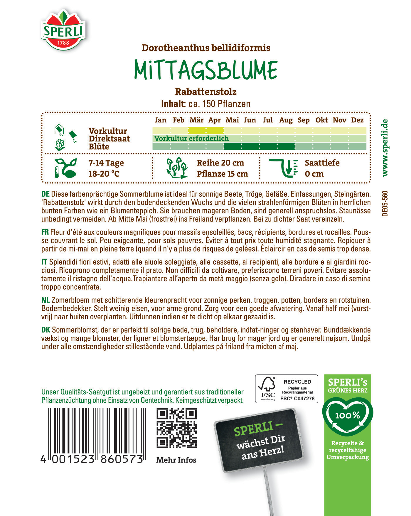 Inhalt des Saatguts: Dorotheanthus bellidiformis Mittagsblume Rabattenstaub, 150 Pflanzen, auf einem Informationsblatt.