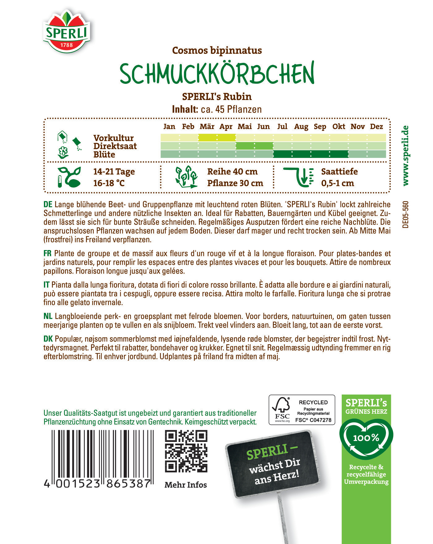 Bild zeigt der Rückseite eines Saatgutpakets mit Text, QR-Code, Bar-Code und Pflanzinformationen.