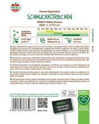 Weiß blühende Schmuckkörbchen mit kleinen Blättern, wächst in nährstoffreichen Böden, Frühjahr bis Sommer.