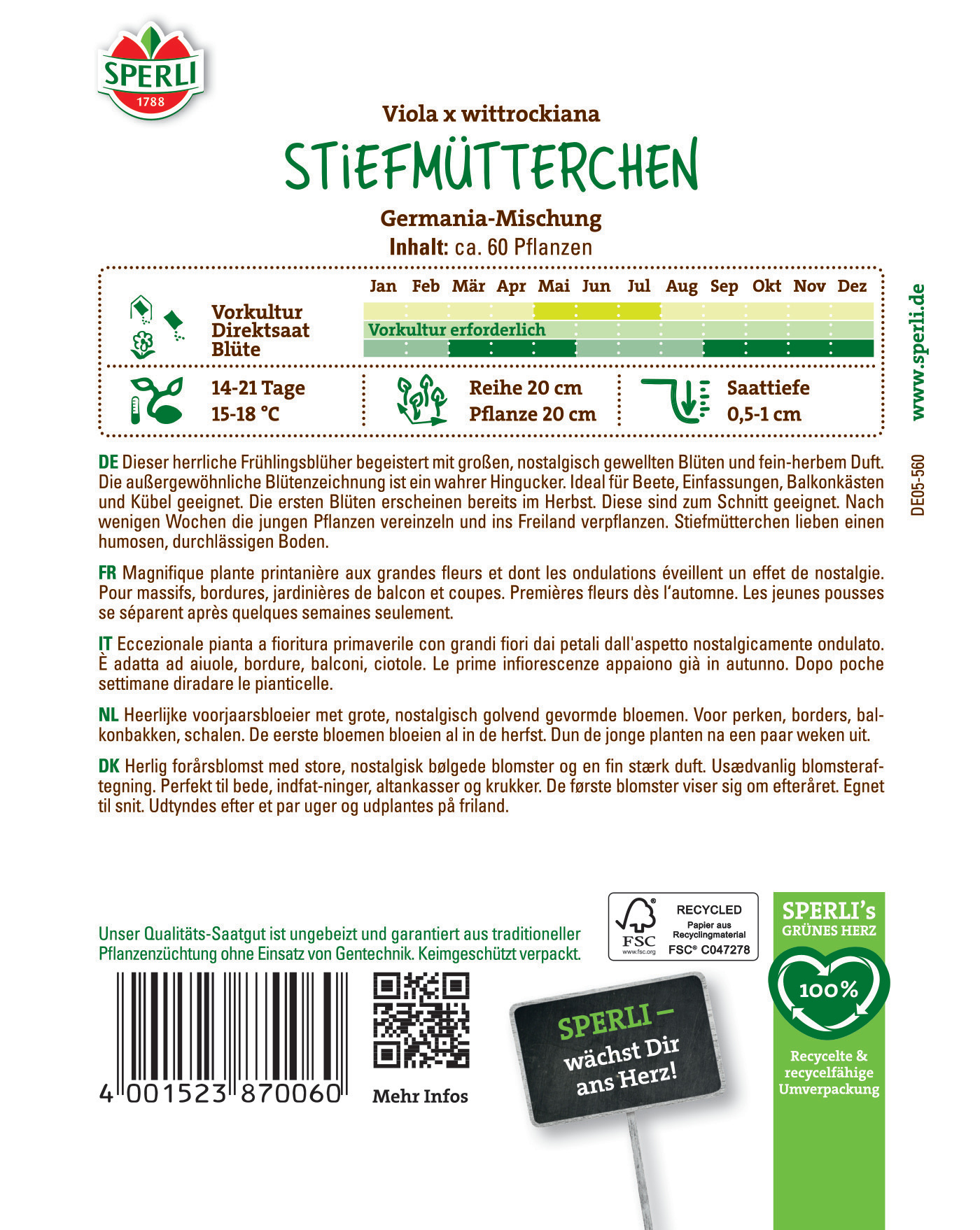 Pflanzenpackung mit großem Blütenbild, deutschem Text, Barcode, QR-Code und Recycling-Logo.