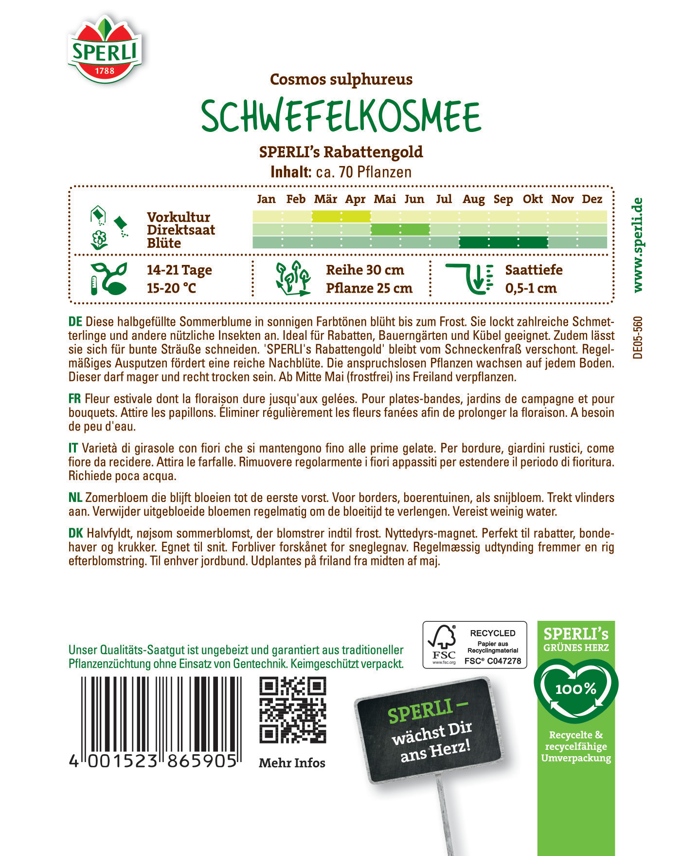 Aufkleber mit SPERLI Logo, Titel Schwefelkosmee, 70 Pflanzen, Blüte, Anbauzeitraum, Größe, Pflegehinweise, QR-Code, Barcode.