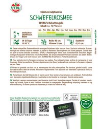 Aufkleber mit SPERLI Logo, Titel Schwefelkosmee, 70 Pflanzen, Blüte, Anbauzeitraum, Größe, Pflegehinweise, QR-Code, Barcode.