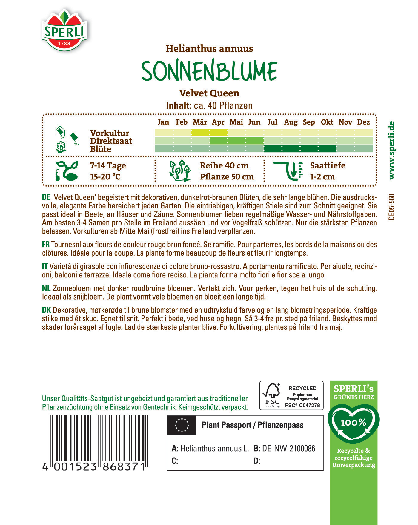 Blumenbild mit Text, Titel "Sonnenblume", zeigt einen Anzucht-Kalender, Pflegehinweis und Barcode.
