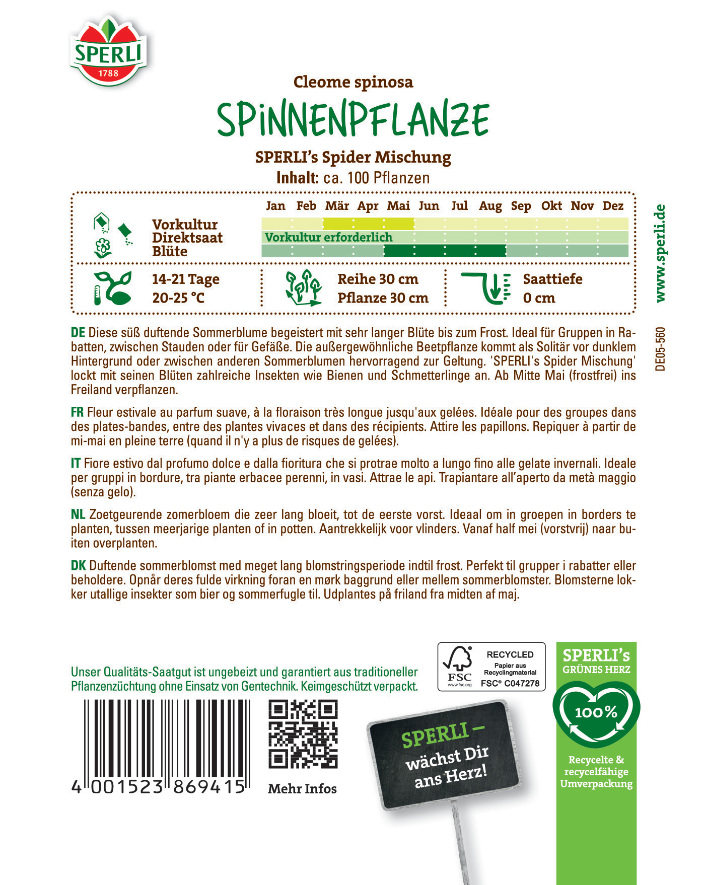 Süße, duftende Spinnenpflanze mit langen Blüten, ideal für Gruppen, zwischen Mai und Juli blühend.