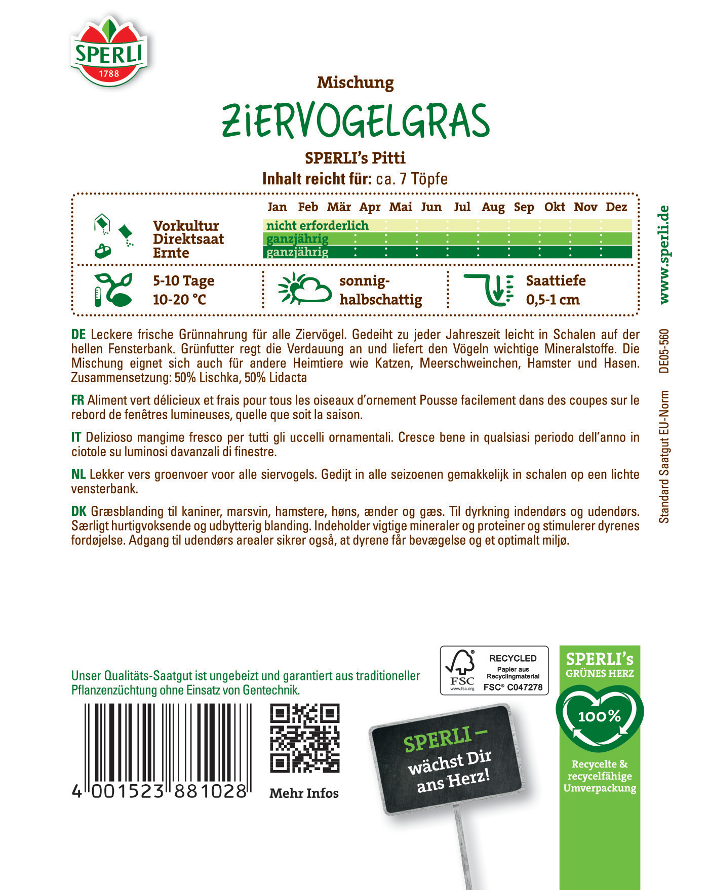 Bild mit grüner Verpackung und Etikett, "Sperli's ZierVogelgras", enthält Text, Barcode und Symbole.