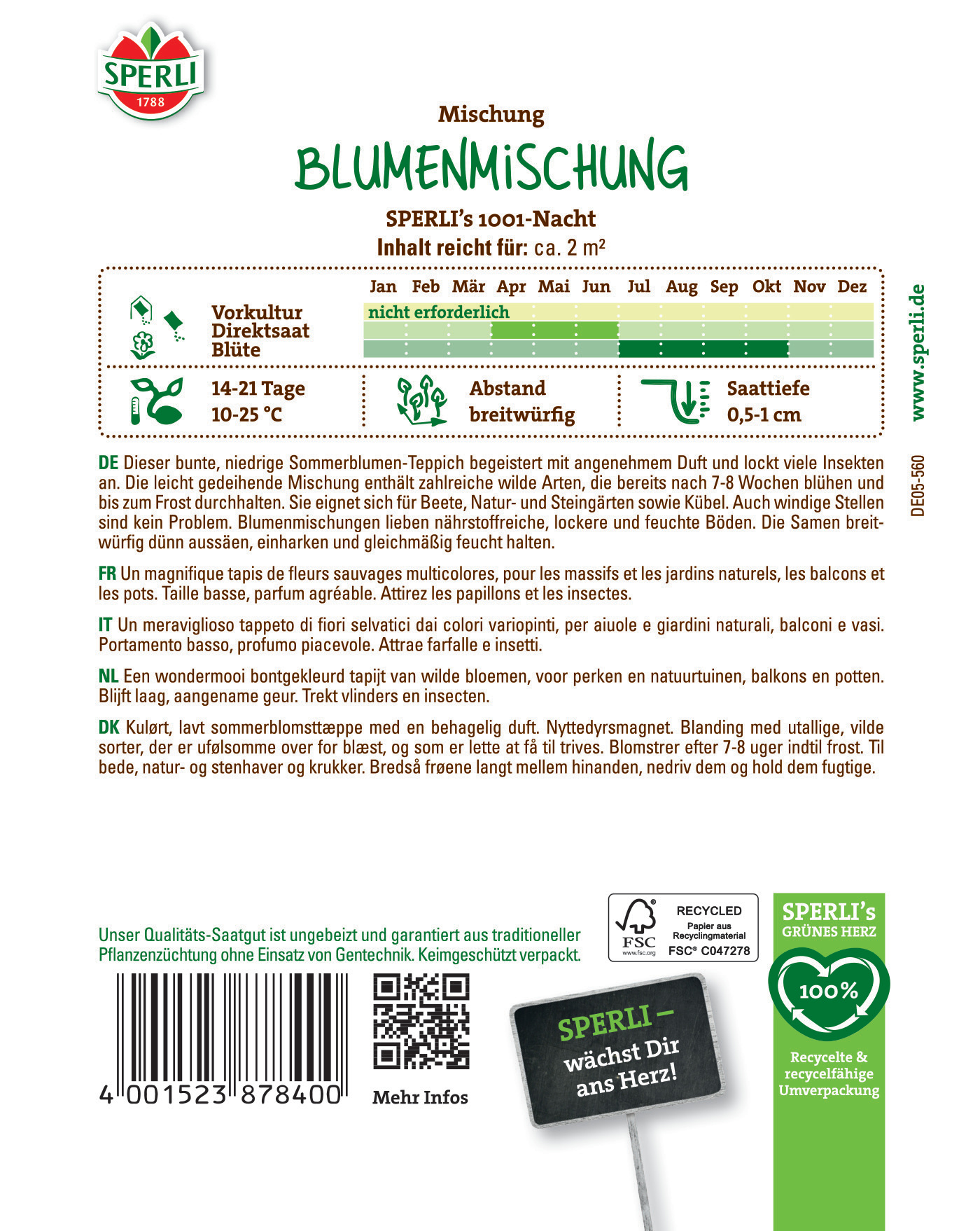 Blumenmischung Verpackung mit grüner, bunter Blumenmischung, Text in mehreren Sprachen auf weißem Hintergrund.