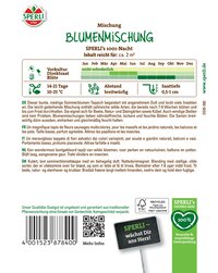 Blumenmischung Verpackung mit grüner, bunter Blumenmischung, Text in mehreren Sprachen auf weißem Hintergrund.