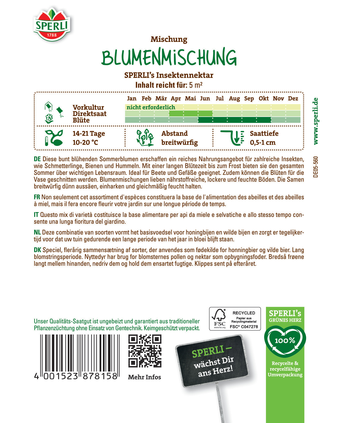 Bunte Blumenmischung mit Blüten, Samentüten, Text auf Verpackung, Barcode, QR-Code, Logo, Herzsymbol, Pflanzinformationen