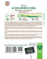 Wildblumenmischung Verpackung mit grünen und weißen Farben, Tabellen und QR-Code auf weißem Hintergrund.