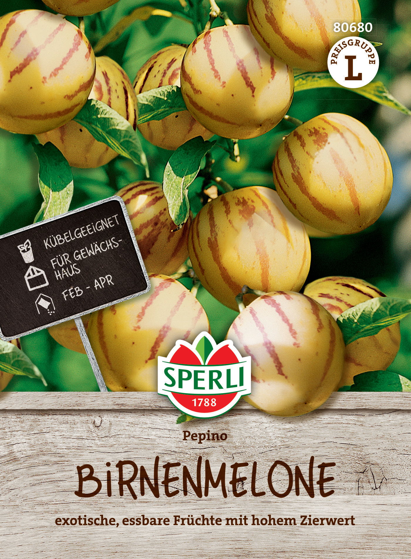 Gelbe Birnenmelone auf Ästen mit grünen Blättern, Verpackung mit Marke Sperli, Hinweis zur Lagerzeit Februar bis April.