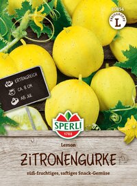 Gelbe Zitronengurken mit grünen Blättern und einem kleinen Schild, auf dem "Ertragreich 8 cm ab Juli" steht.
