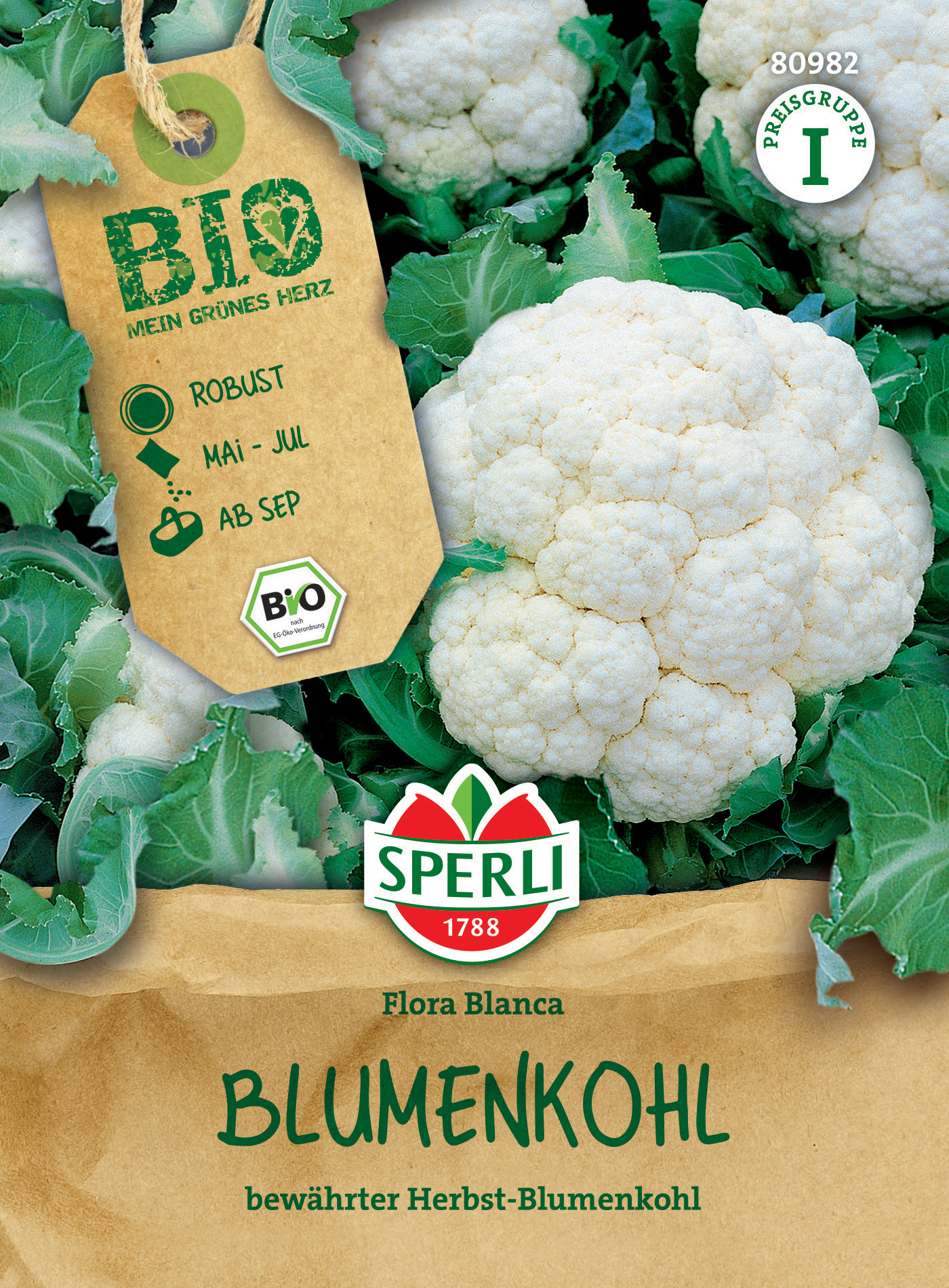 Blumenkohl mit grünen Blättern, auf Verpackung mit Bio-Label, Produktname in grün Schrift.