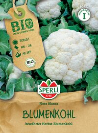 Blumenkohl mit grünen Blättern, auf Verpackung mit Bio-Label, Produktname in grün Schrift.