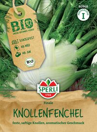 Knollenfenchel mit grünen Blättern, Gemüse, Bio, Sorte Finale, Verpackung, Produktlabel