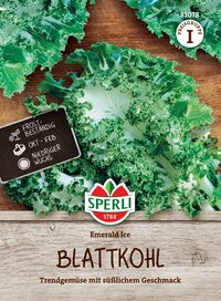 Grüner Blattschlusskoh with ruffled Röschen, auf Holzuntergrund, mit Schild und Produktinformationen.