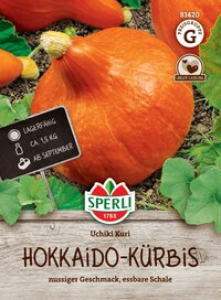 Hokkaido-Kürbis, orange Farbe, auf Erde liegend, mit grünem Blatt und Schild mit Informationen.