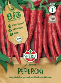 Getrocknete Peperoni mit grünen Stengeln, in einer Papiertüte.
