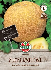 Hartmelon mit gelber Schale, halbe Frucht, grüne Blätter, Holzuntergrund, Marke Sperli, Ernährungshinweis.