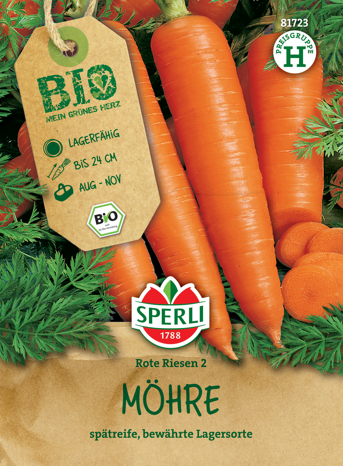 Karotten mit grünem Blattwerk, Packung mit Bio-Label, Sascher, orange, länglich, 24 cm, 2er-Pack, Süßkartoffeln, bewährte Lagerung.