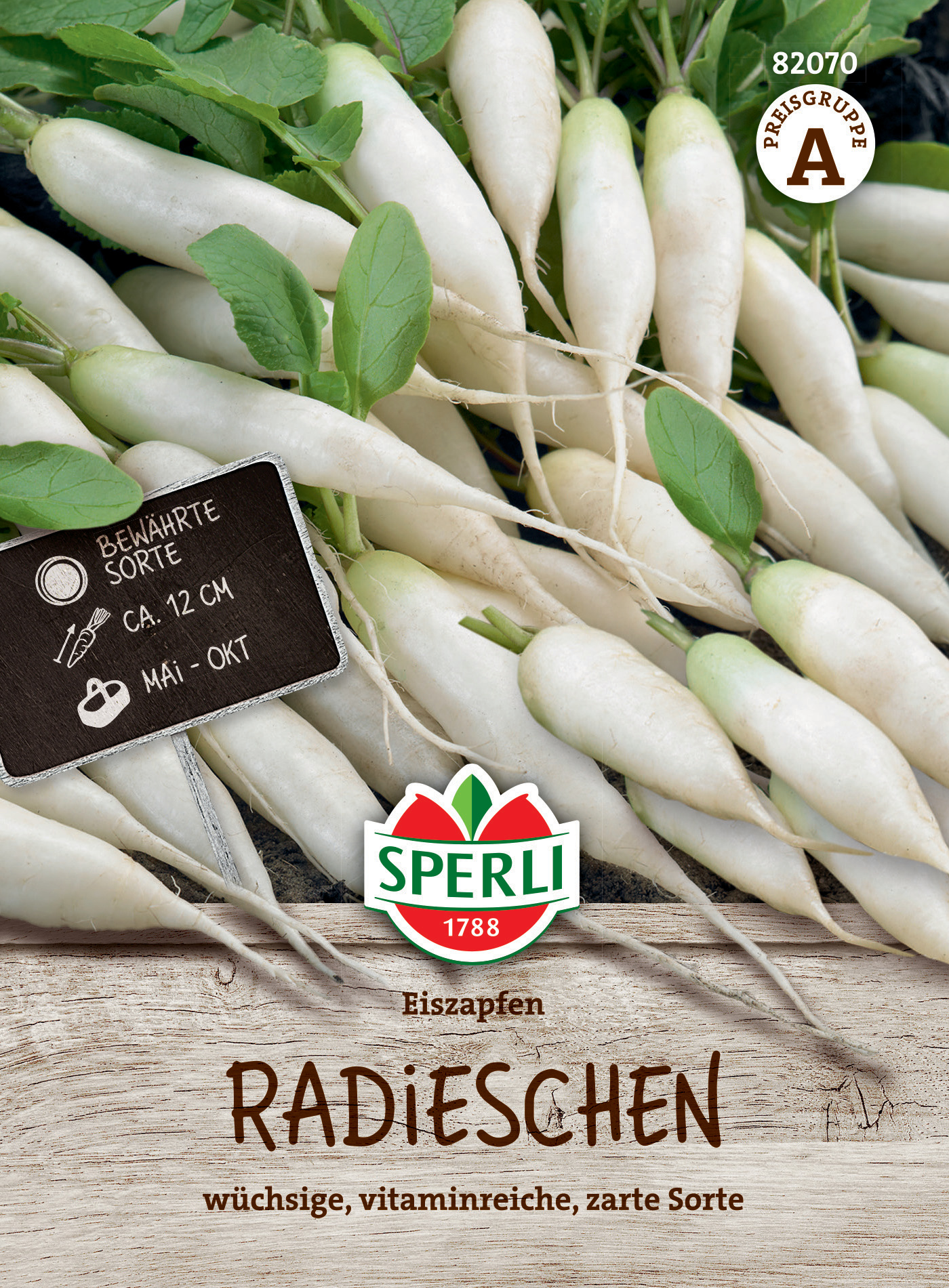 Weißer Radieschen mit grünem Laub, ca. 12 cm groß, auf Holzuntergrund, Saison Mai bis Oktober.