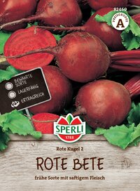 Rote Bete, frühe Sorte, saftiges Fleisch, auf Holzuntergrund, grünes Blattwerk, Packung mit Label und schwarzer Markierung.