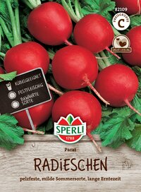 Radieschen mit grünen Blättern, auf Holzuntergrund, Verpackung für Saatgut, kurze Beschreibung in Deutsch.