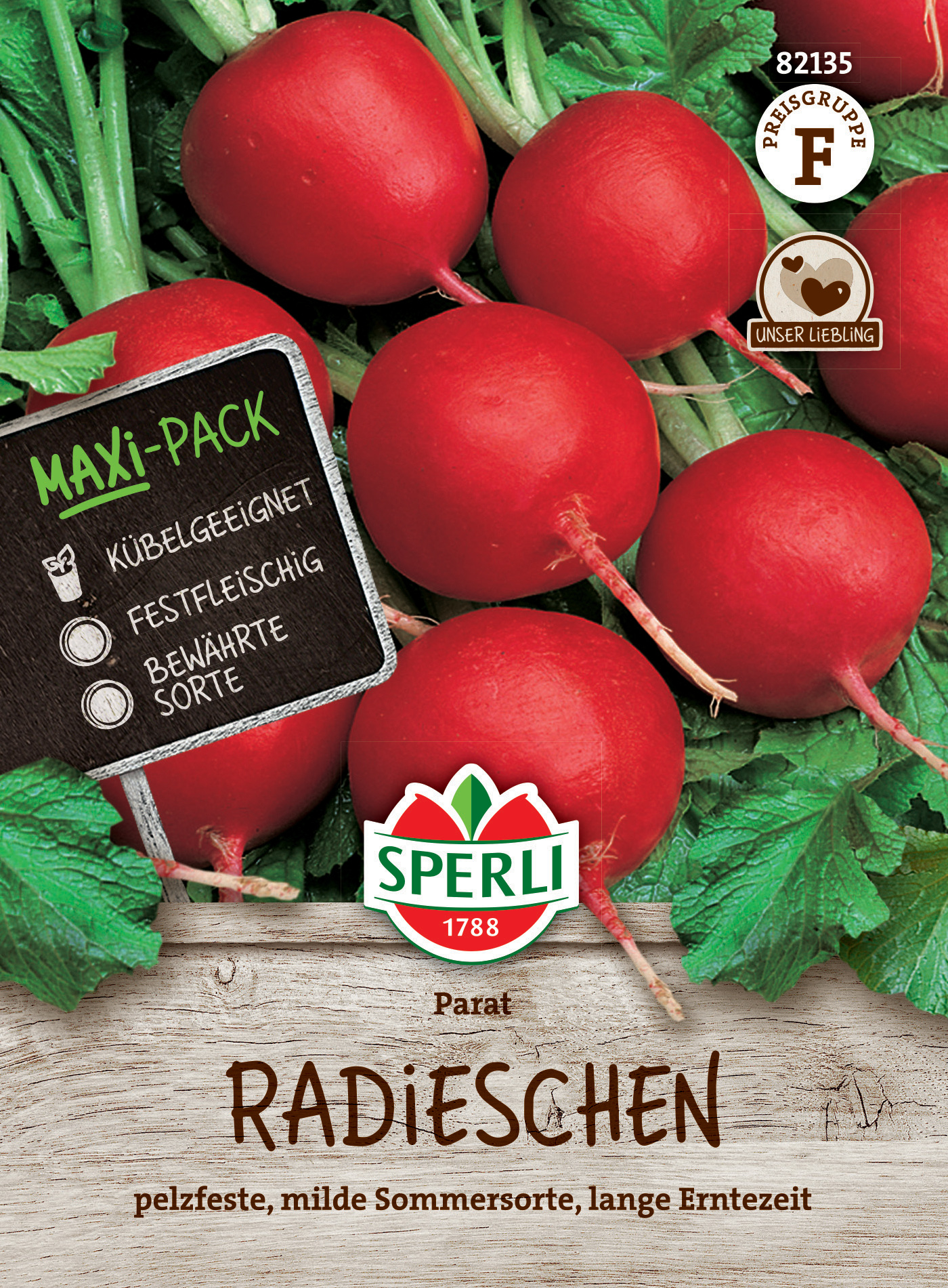 Radieschen auf Grünblättern mit Schild und Marke Sperli, schwarze Textfelder, rote Radieschen, Holzoptik im Hintergrund.