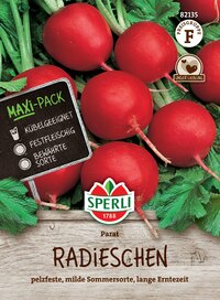 Radieschen auf Grünblättern mit Schild und Marke Sperli, schwarze Textfelder, rote Radieschen, Holzoptik im Hintergrund.