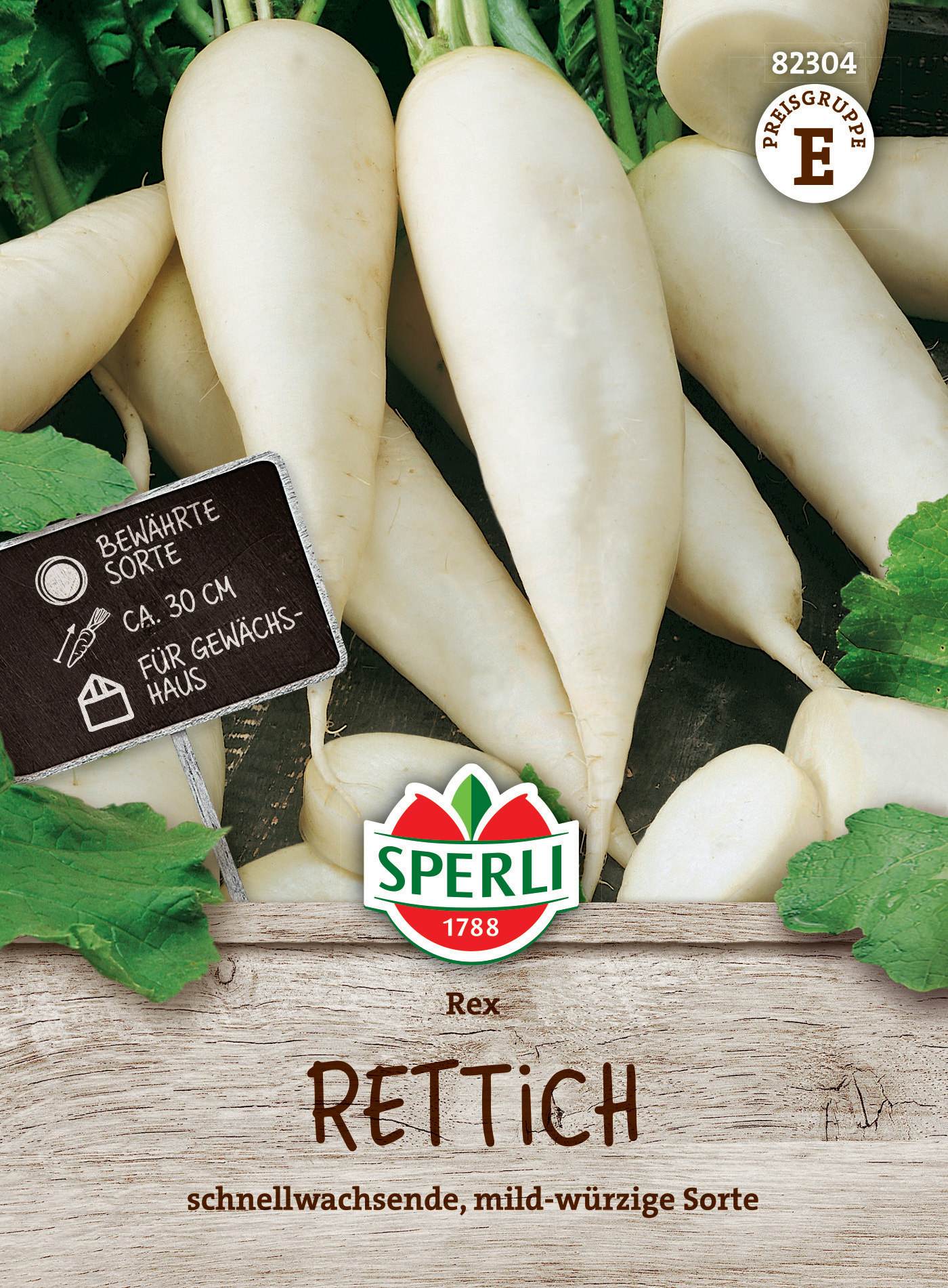 Weiße Rettichknollen auf dem Markt, mit Schild und grünen Blättern, Produktname und Beschreibung.