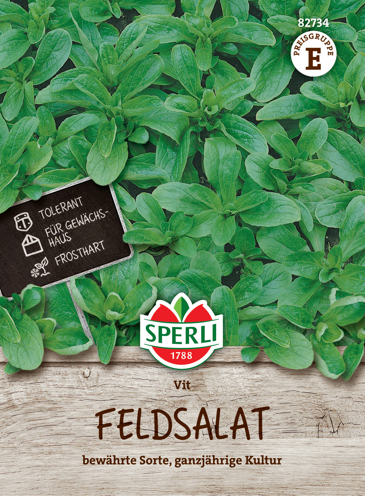 Frisches grüne Feldsalat mit Schild, auf Holzuntergrund, mit Bio-Qualität, seit 1788.