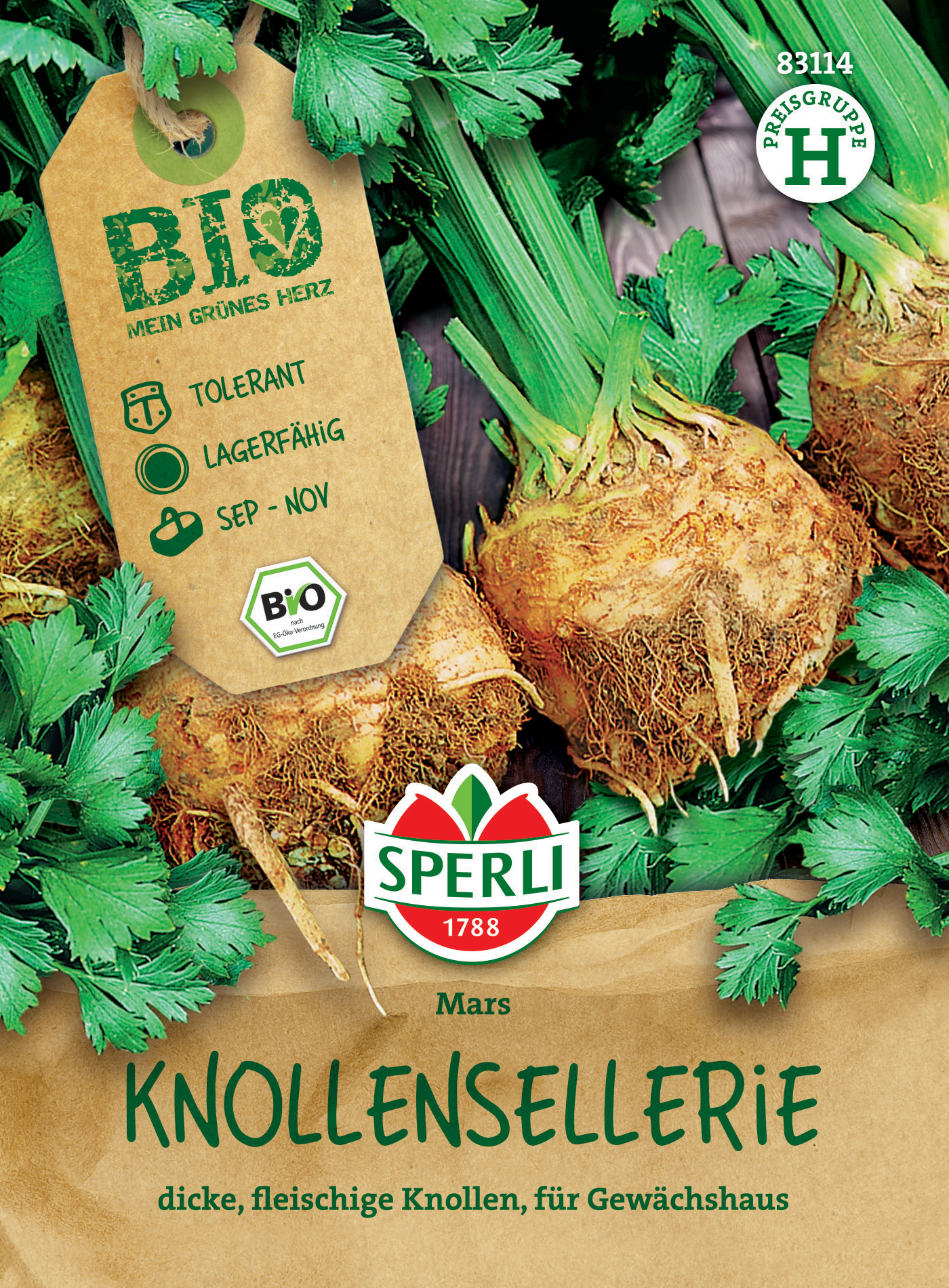 Knollensellerie mit grünen Blättern und großen, dicken Knollen auf braunem Hintergrund.